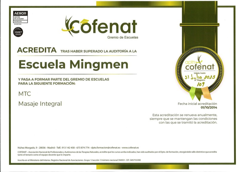 Certificado Cofenat Gremio de Escuelas MTC